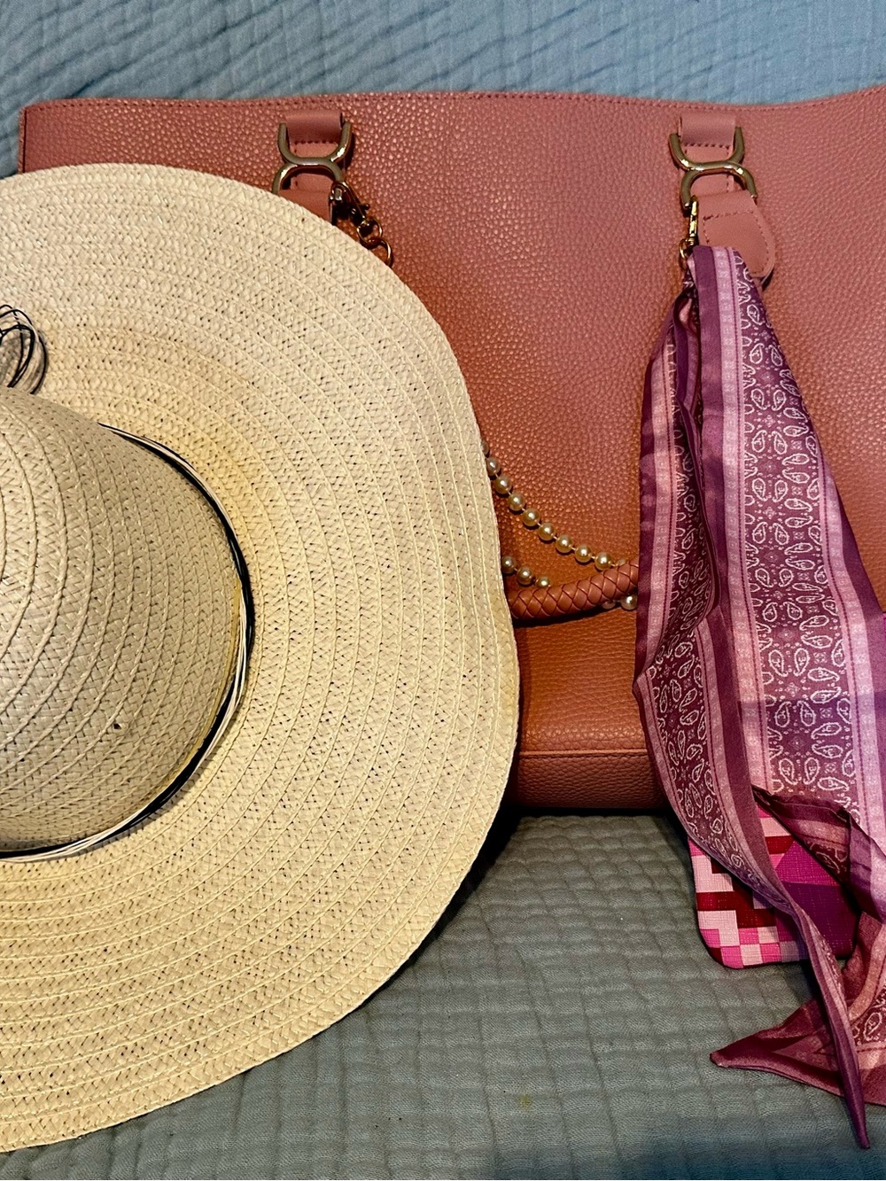 Ulta Beauty Pink Tote with Purple Scarf Accent, Sun Hat & Cosmetic bag